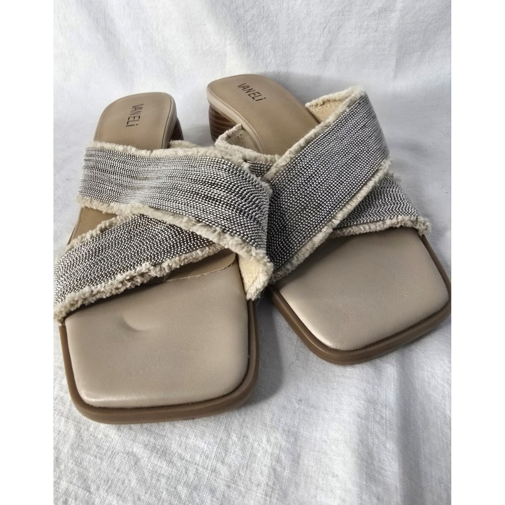 Vaneli Womens Beaded Slide Sandals Square Toe Round Block Heel Beige 9M‎